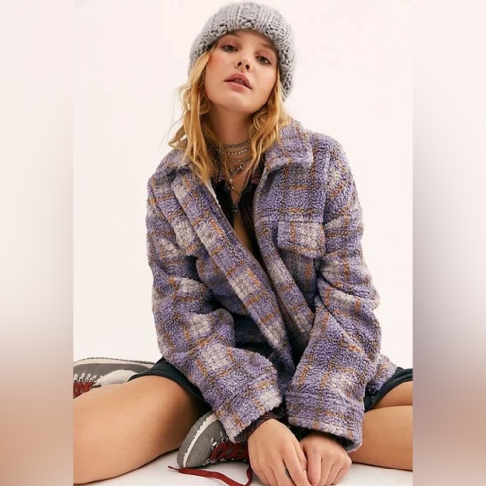 Free People Faded Dreams Cozy Trucker Jacket Plaid Periwinkle Size M